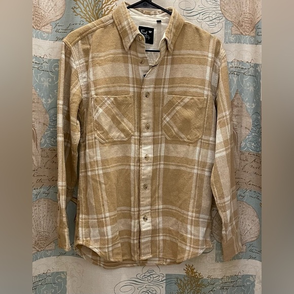 New Fried Waters Womens Tan White Flannel Barn High Low Button Down Small - Picture 1 of 8